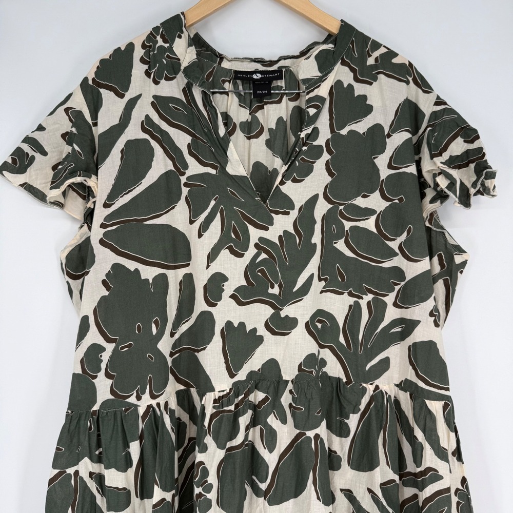 Ashley Stewart Cotton Botanical Tiered Mini Dress Green Orange Plus Size 22/24 - Picture 3 of 10
